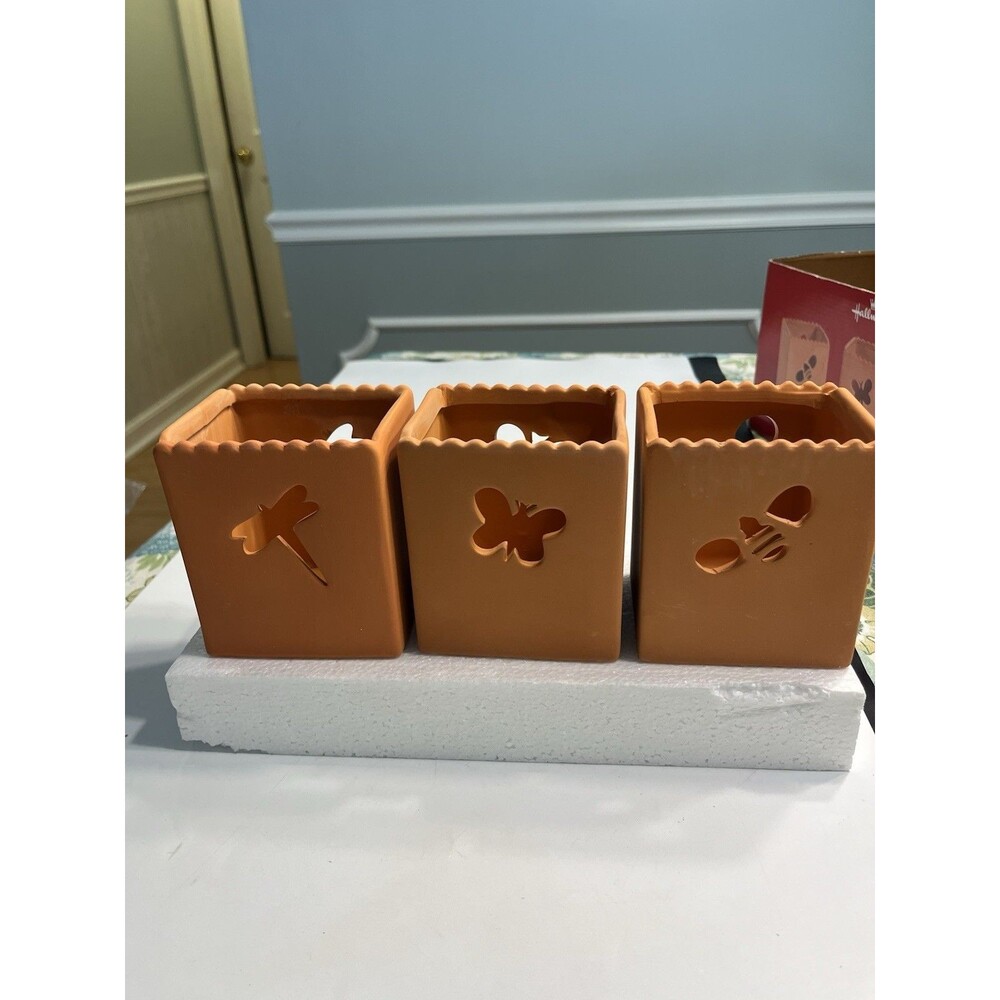 Hallmark 3pc Terra Cotta Dragonfly Butterfly Bee Bag Shaped Candle Holders NIB